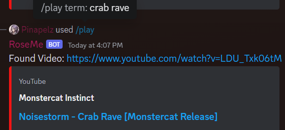 Example usage of Discord bot. Able to search + play songs on YouTube