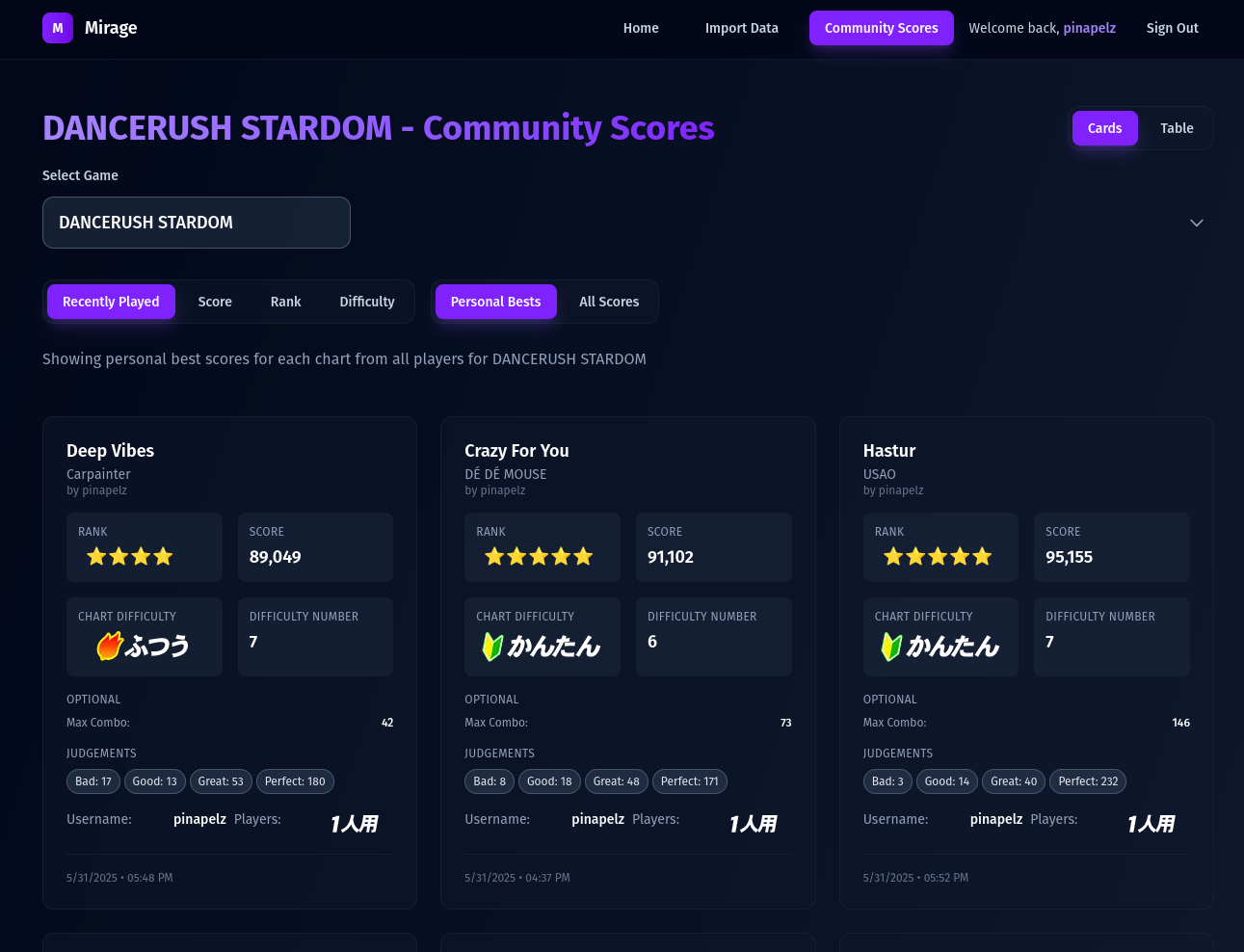 Mirage score tracker interface screenshot